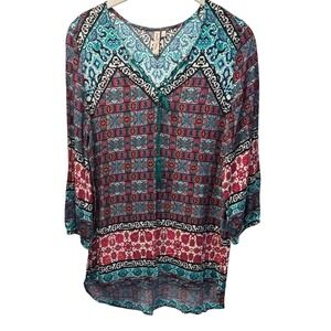 Red Camel Womens Small Teal Burgundy Geometric Print Tassel V-Neck Tunic Blouse
